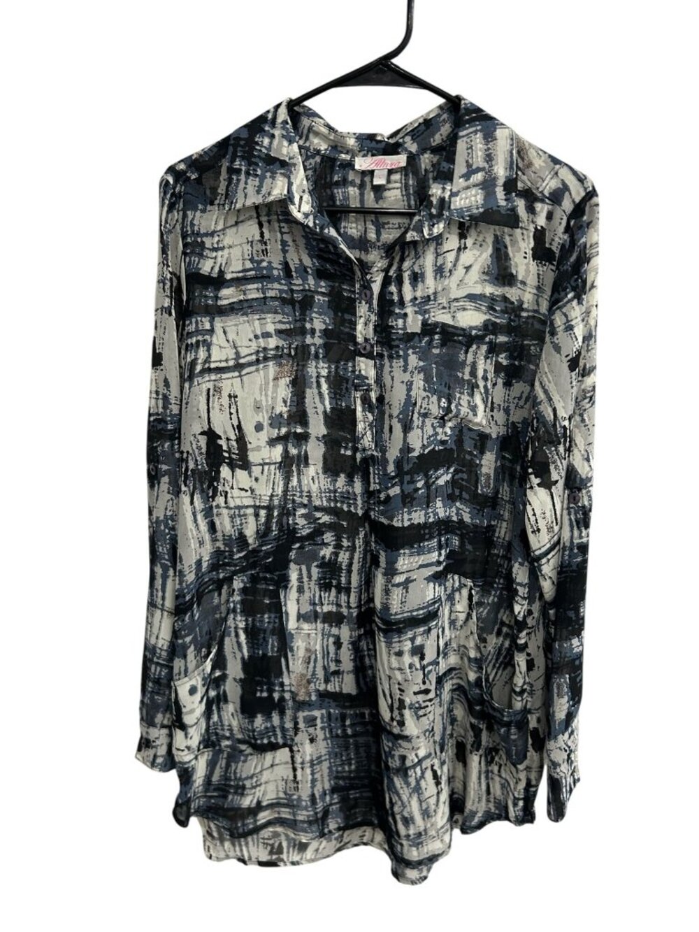 Allura Large Abstract Print Button Down Blouse Blue Gray Minimalist Noir